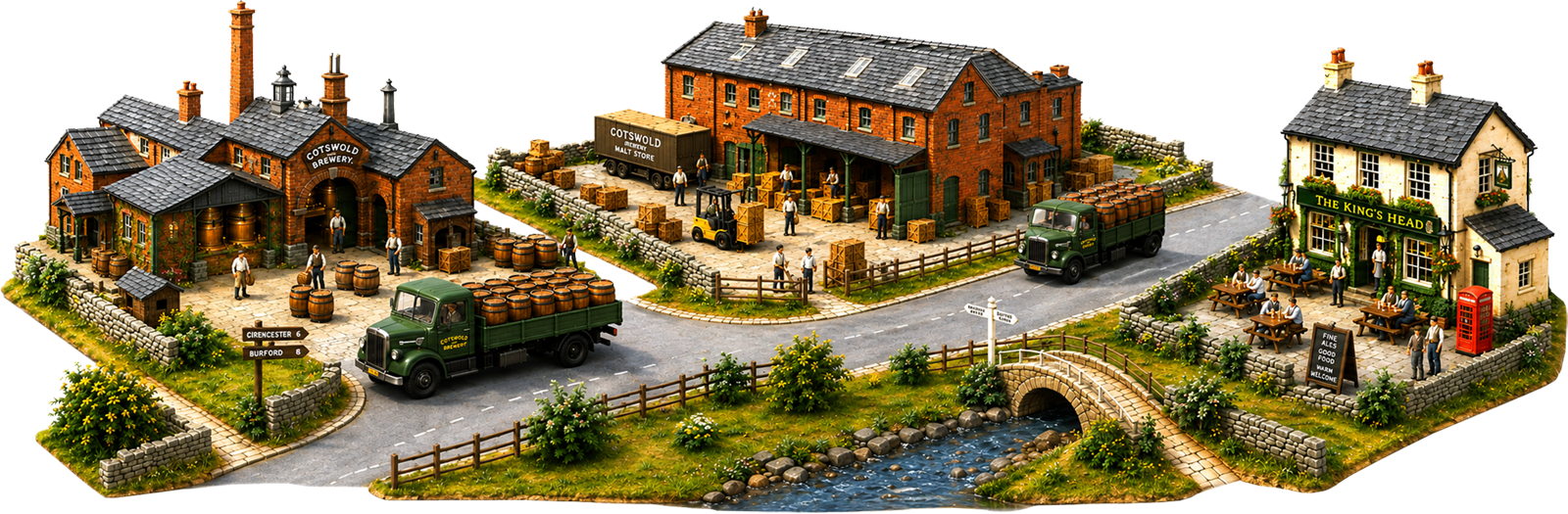 A brewery, malt store and village pub connected by a country road